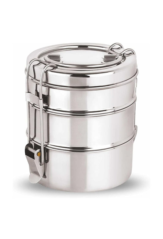 Stainless Steel Lunch Box/Tiffin with Locking Clip, 3-Tier Container, 1600 ml, Hot & Cold Leak-Proof, Compact & Durable, Perfect for Office, School, Picnic and Travel, Silver 8x3