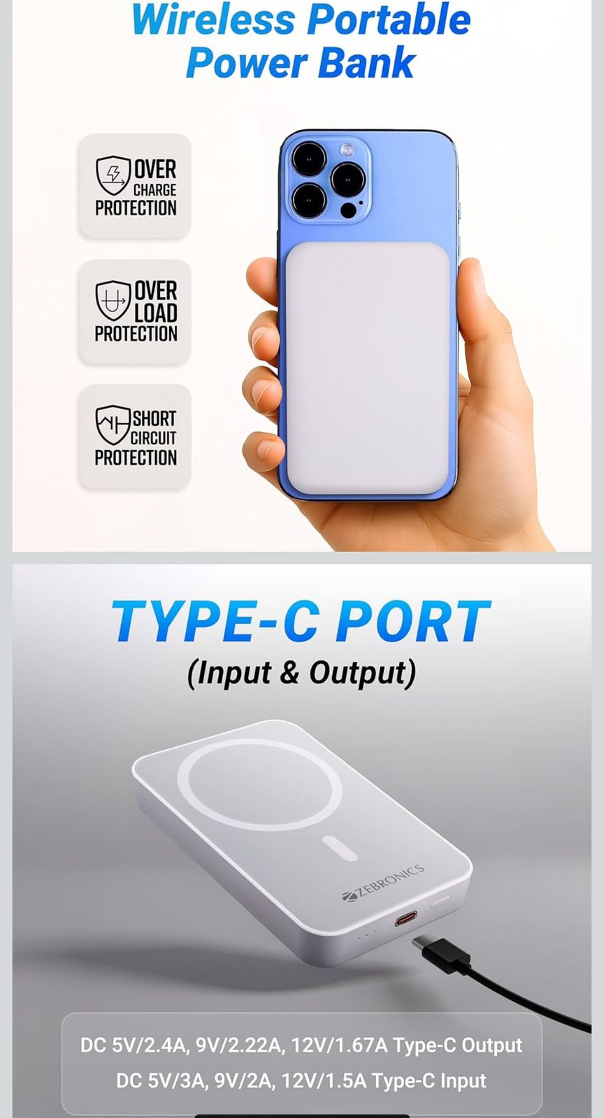 ZEBRONICS  Wireless Power Bank, 10000 mAh