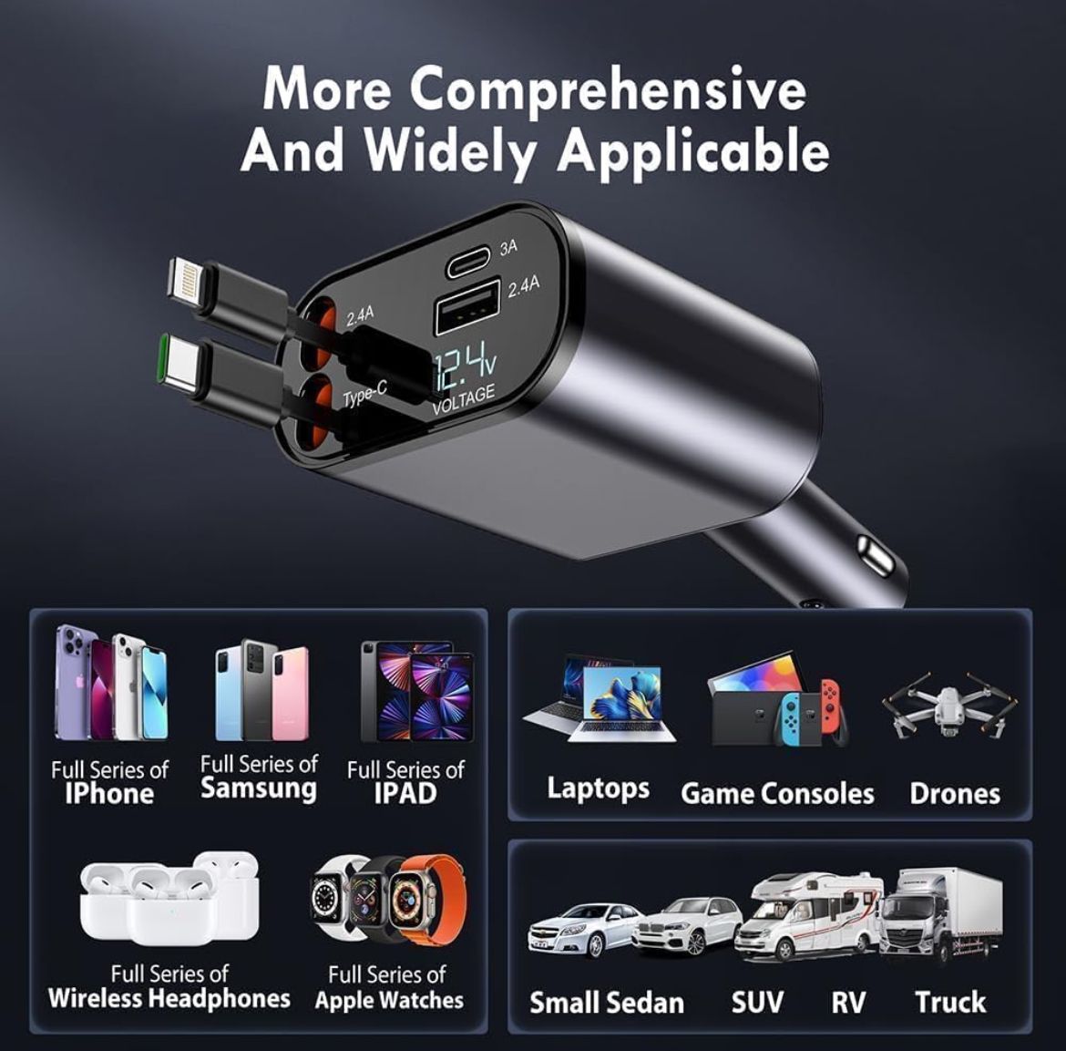 4-in-1 Retractable Car Charger 120W