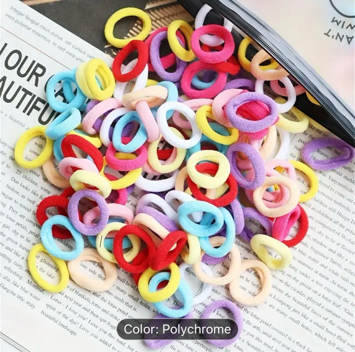 Baby Girl's Mini Elastic Soft Rubber Hair Bands, Kids Multicolor Fabric Rubber Bands, Trendy Mini Hair Ties Rubber Bands Pack Of 100pcs