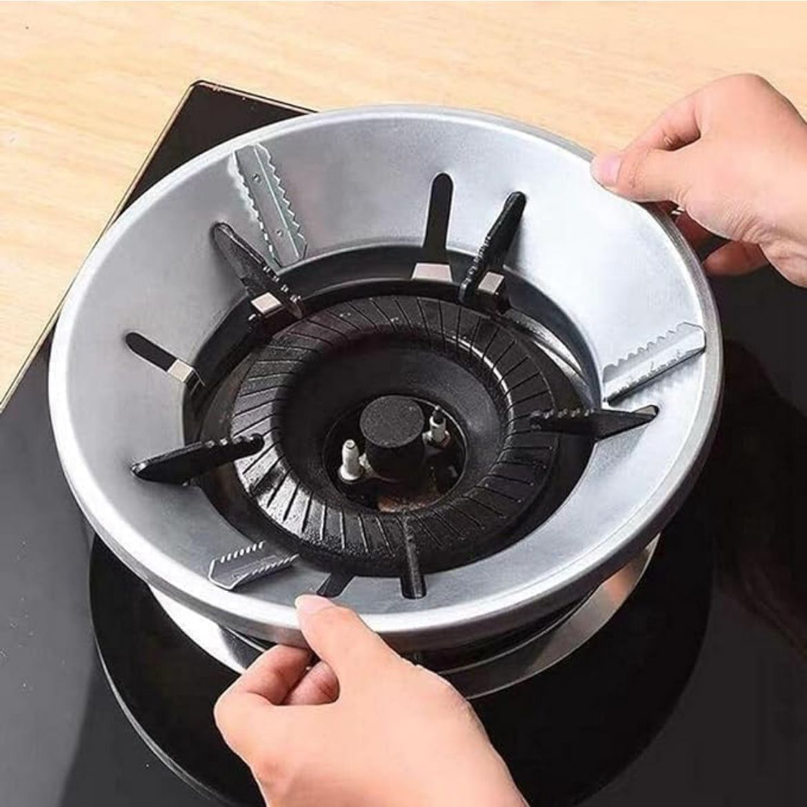 Silver Gas Saver Burner Stand Gas Chula Burner Gas Saver Stand Jali Ring Fire & Windproof Energy Saving, Gas Chula Support Stand 4 Legs Supported For Indian Gas 0.7mm (1)