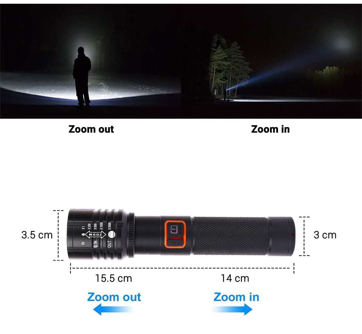 MZ M034 model high quality LED power torch, 6 mode LED function full metal type and recharge cable C type pack of 1