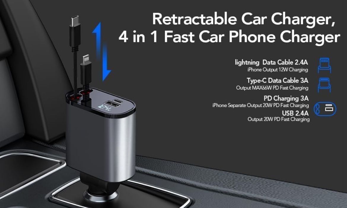 4-in-1 Retractable Car Charger 120W