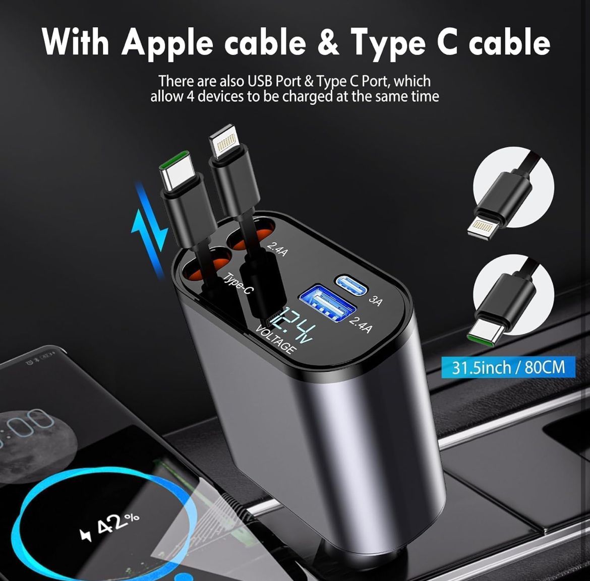 4-in-1 Retractable Car Charger 120W