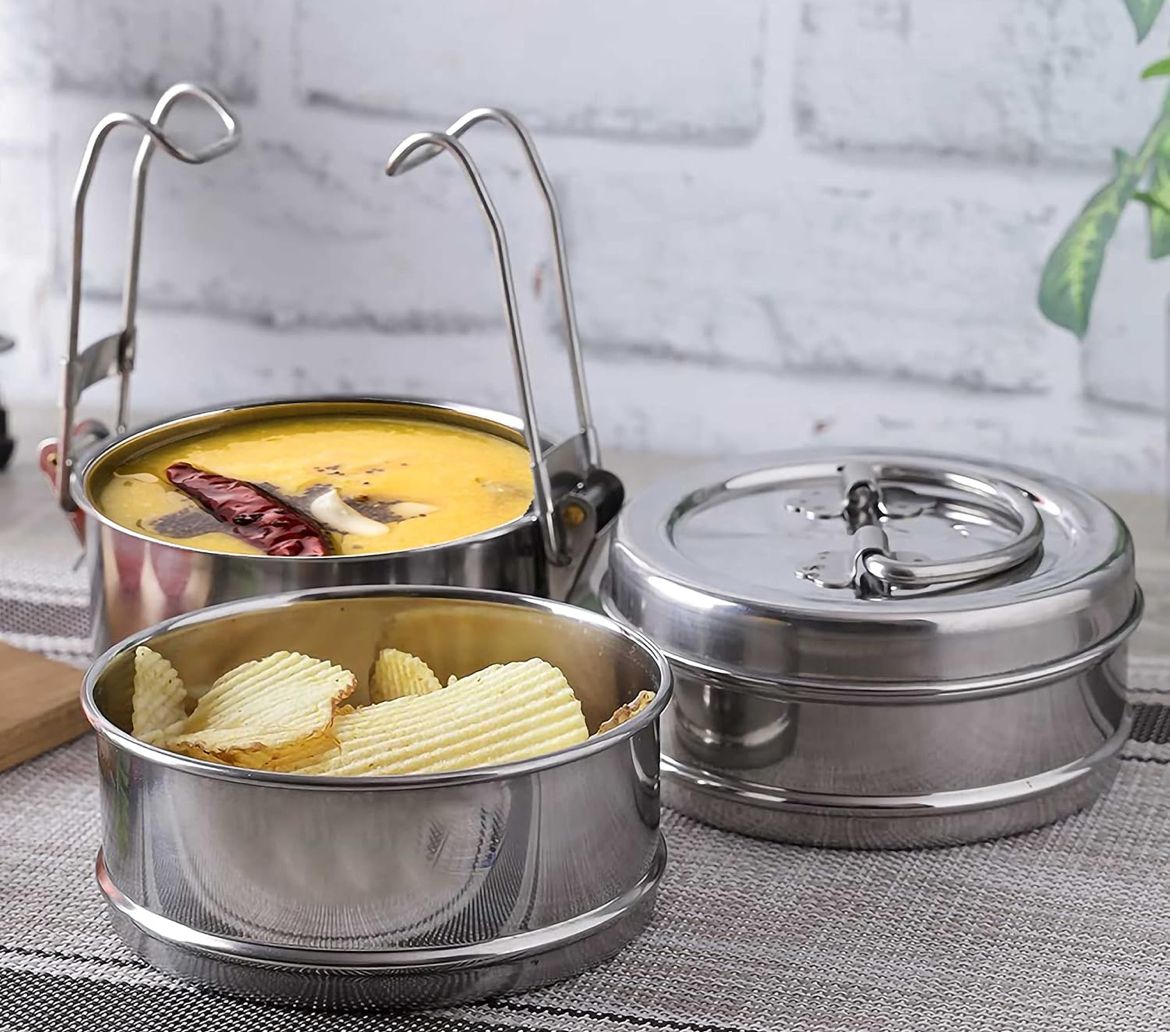 Stainless Steel Lunch Box/Tiffin with Locking Clip, 3-Tier Container, 1600 ml, Hot & Cold Leak-Proof, Compact & Durable, Perfect for Office, School, Picnic and Travel, Silver 8x3