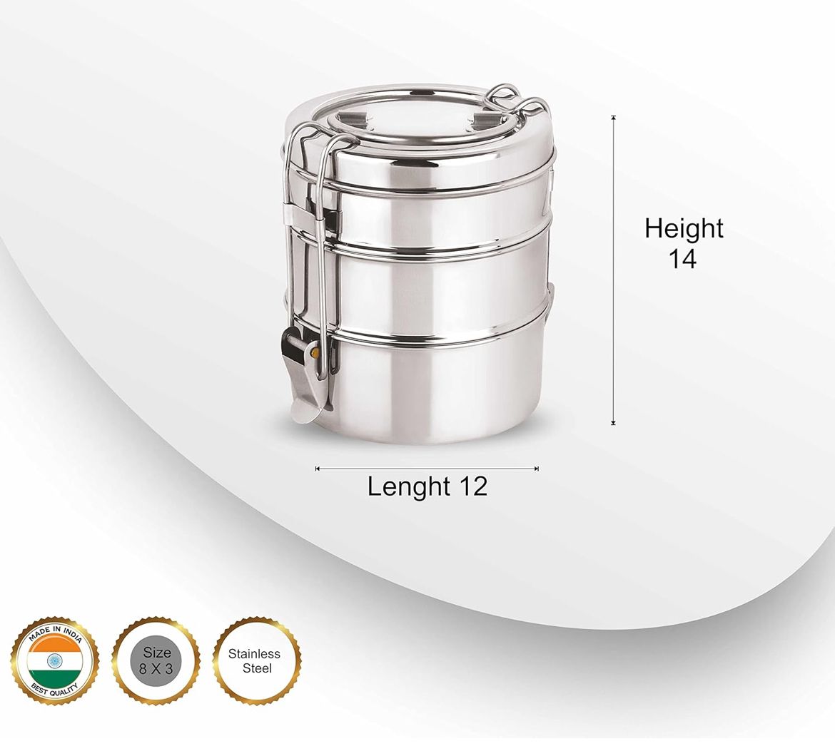 Stainless Steel Lunch Box/Tiffin with Locking Clip, 3-Tier Container, 1600 ml, Hot & Cold Leak-Proof, Compact & Durable, Perfect for Office, School, Picnic and Travel, Silver 8x3
